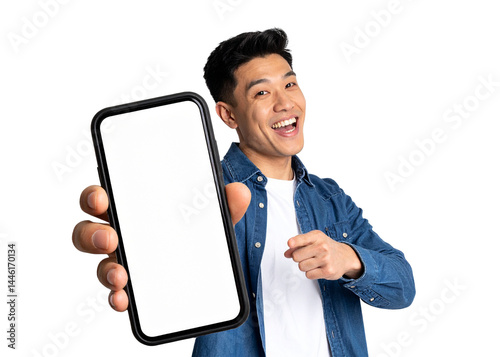 Cheerful Emotional Man Holding Big Blank Cell Phone In Hand Showing White Screen To Camera Pointing At You on transparent background