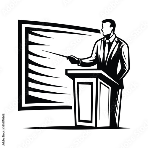 Man Giving Speech at Podium with Pointer in Hand, Black and White Design