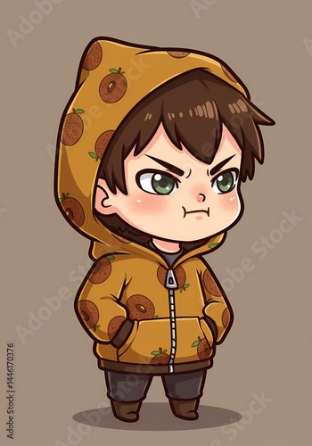 Cartoon representation of a disgruntled young character in a patterned hoodie expressing a tense emotion and a pouty stance with arms tucked away