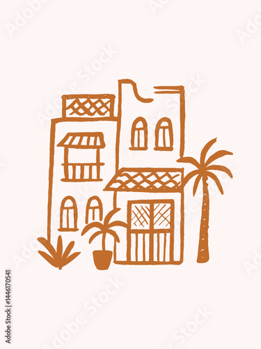Mediterranean house with palm tree, hand drawn vector sketch

