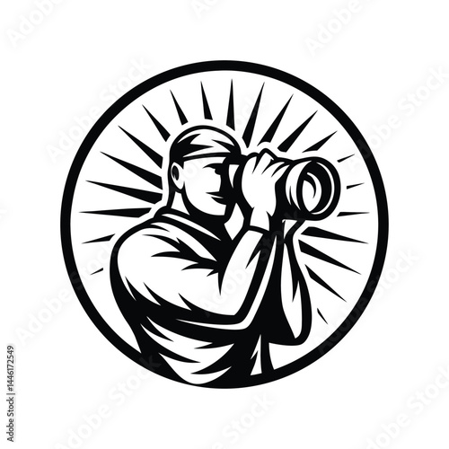 Silhouette of Man Gazing Through Binoculars in a Circular Burst, Black and White Art