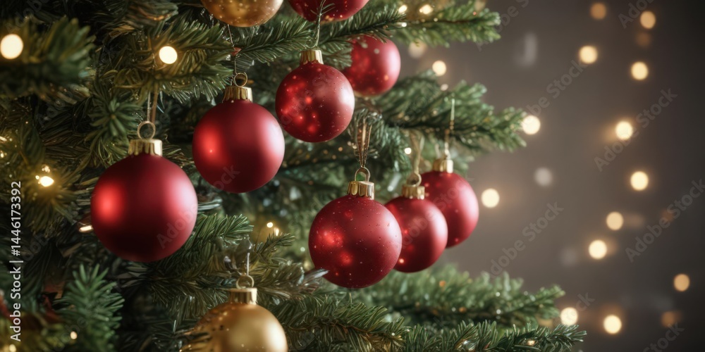 Fototapeta premium Vibrant baubles shimmer on a Christmas tree, encircled by soft, glowing lights , glow, art