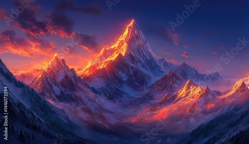 Majestic mountain peak bathed in fiery sunset light, snow-capped peaks, vibrant colors, dramatic sky
