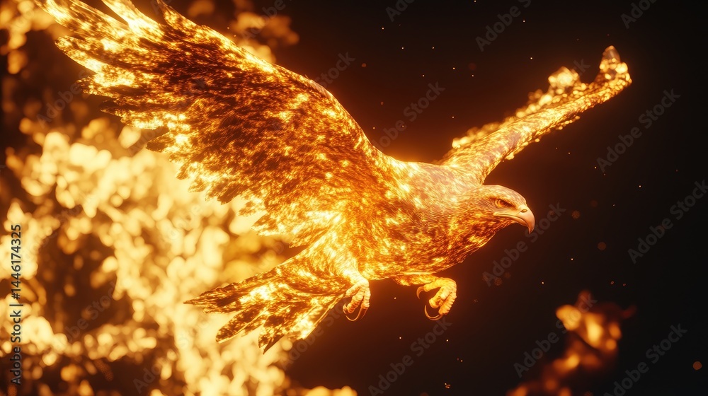 Obraz premium Fiery golden eagle soaring through a fiery, dynamic display.
