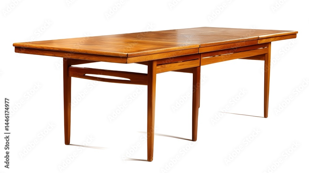 Fototapeta premium Enhance Your Dining Experience With Mid-Century Teak Extendable Table Isolated On White Backdrop For Versatility