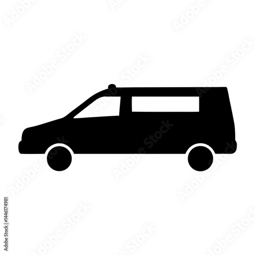 Black hearse silhouette viewed from the side against a white background