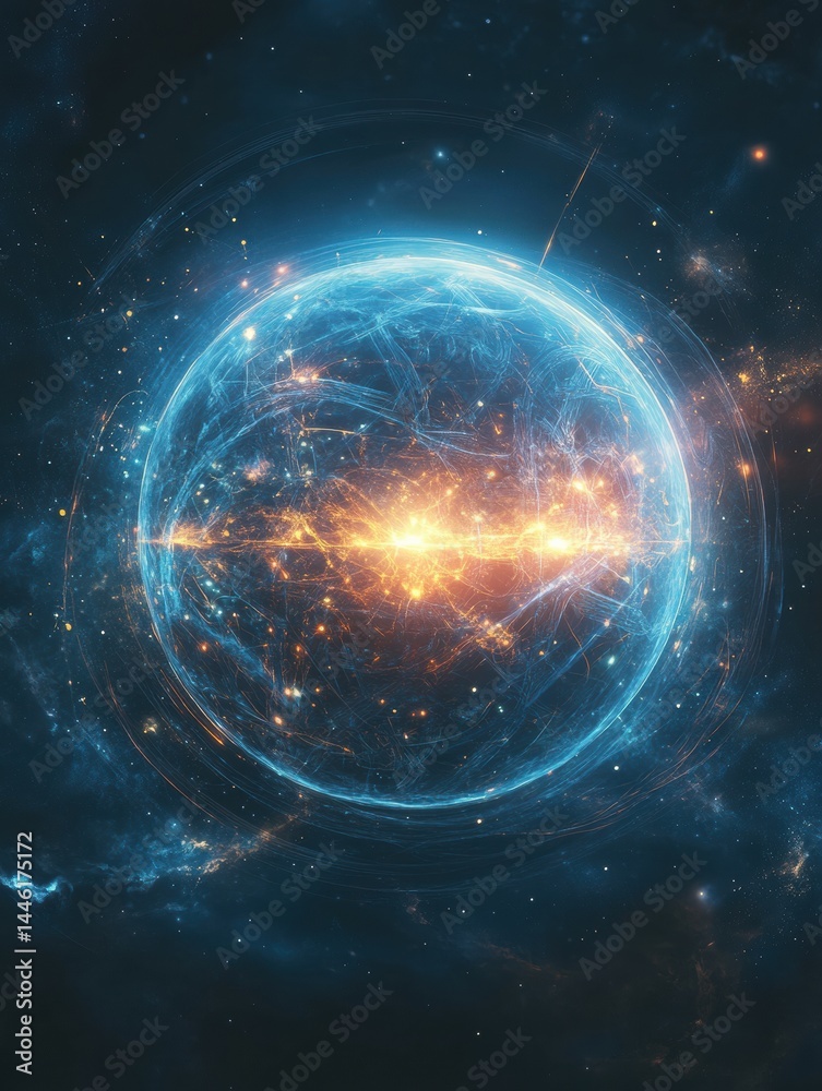 Obraz premium Glowing quantum AI sphere floating in expansive space with intricate energy patterns and stunning cosmic backdrop