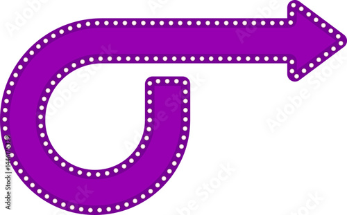 Curved graphic arrow, in the shape of a retro panel with circles of lamps around, making curve, returning and changing direction in a straight line, to direct information in design