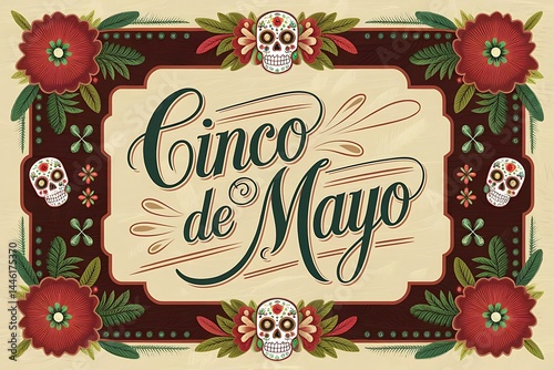 Colorful Cinco de Mayo Letter Art with Mexican Festive Elements – Sombreros, Maracas & Confetti