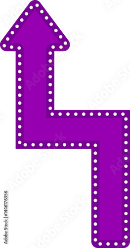 Straight graphic arrow with two corners, in the shape of a retro panel with circles of lamps around, to direct information in the design