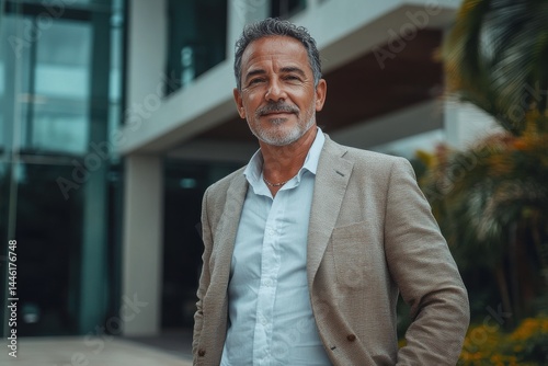 Wallpaper Mural Confident mature man smiling outdoors stylish blazer light background subtly blurred Torontodigital.ca