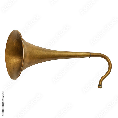 Vintage patinated brass horn designed for sound projection, featuring an elegant large conical bell and unique hooked end. photo