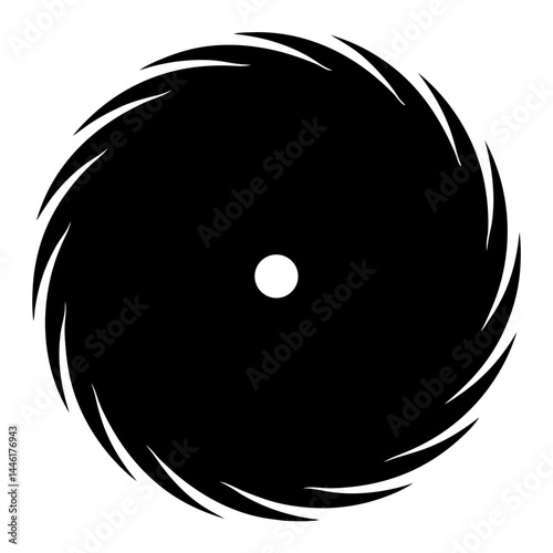 Black irregular spiral shape illustration, a whirling void surrounded by petal like blades