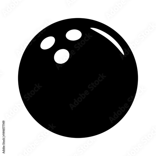 Stylized black bowling ball with three finger holes and a glossy sheen