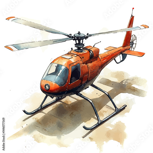 watercolor of Toy Helicopter Flying With Spinning Blades, vector, isolated on a white background.