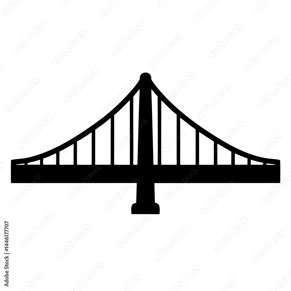 Fototapeta premium Suspension bridge silhouette with cables connecting the roadway to a tower