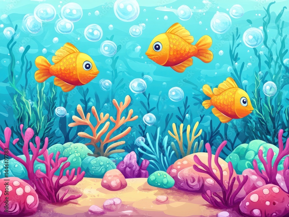 Underwater Paradise Three Golden Fish Swim Joyfully. Underwater Paradise Three Golden Fish Swim Joyfully.
