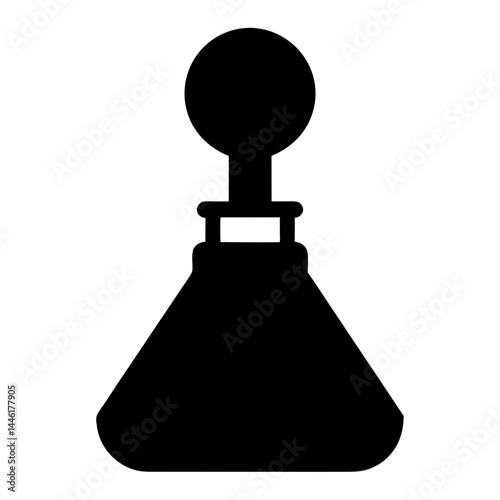 Black silhouette of a perfume bottle with round stopper on white background