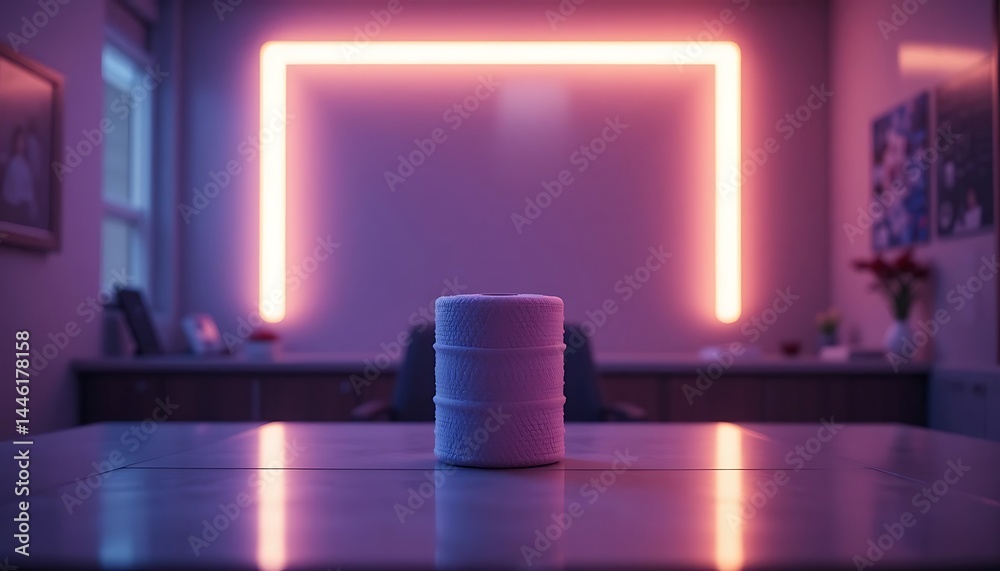 White Cylinder Object on Table in a Room with Glowing Light