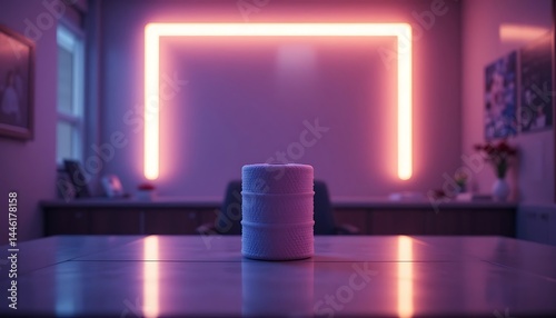 White Cylinder Object on Table in a Room with Glowing Light