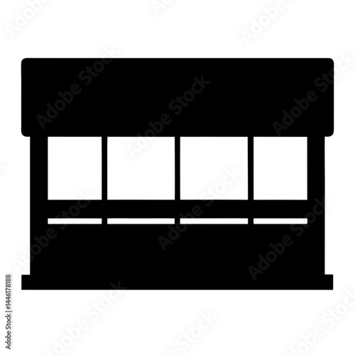 Black silhouette illustration of a storefront building with windows and counter