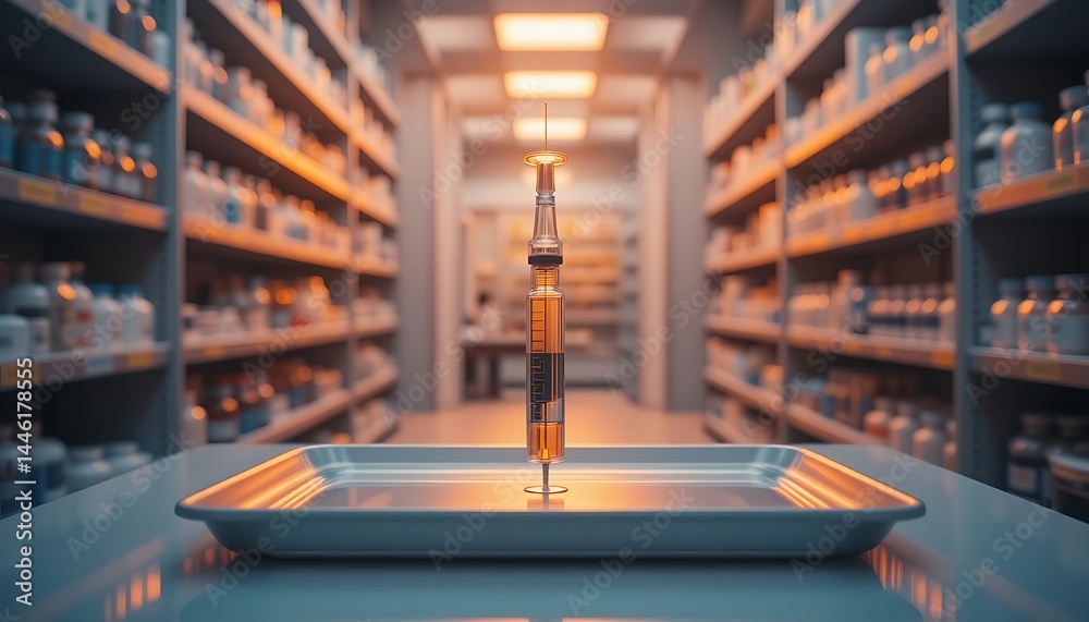 Medical Syringe on Tray in Pharmacy Setting with Medications