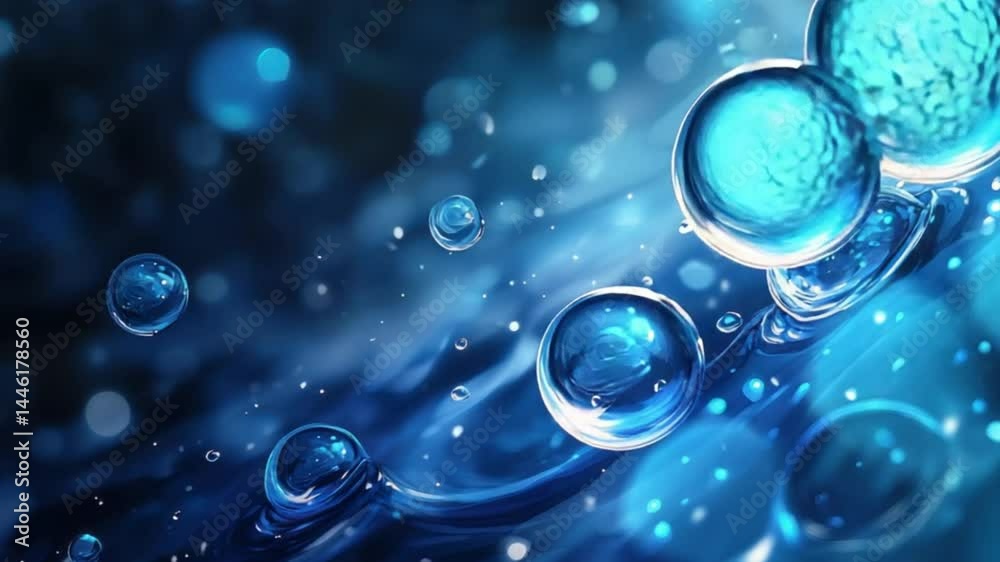 Abstract swirling liquid with vibrant blue bubbles and droplets.  Detailed close-up of flowing, dynamic liquid surfaces with translucent orbs