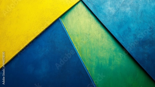 A colorful piece of art with a blue, yellow, and green background