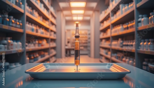 Medical Syringe on Tray in Pharmacy Setting with Medications