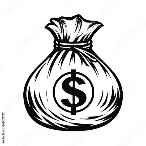 Isolated Sack with Dollar Sign, black and white money bag. Savings & finance icon