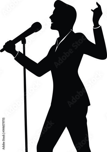 silhouette of a singer with microphone on white 