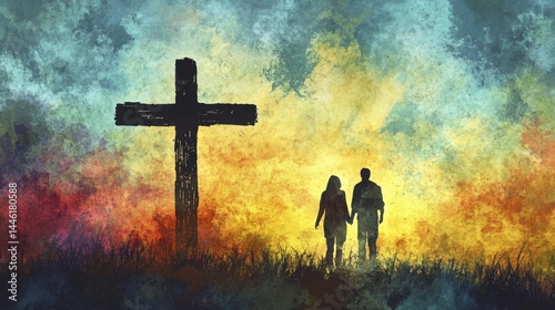 Silhouette of a Couple Walking Toward a Cross at Sunset with Textured Background, Hope and Redemption