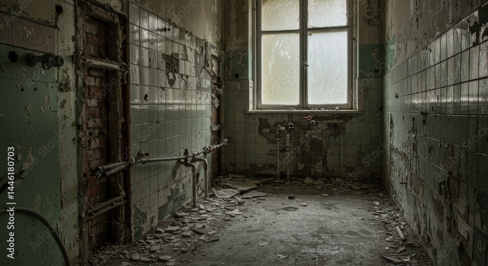 Obraz premium Derelict Bathroom Ruin - A dilapidated bathroom in an abandoned building, showing decay, damage, and the passage of time. Old pipes and broken tiles are visible