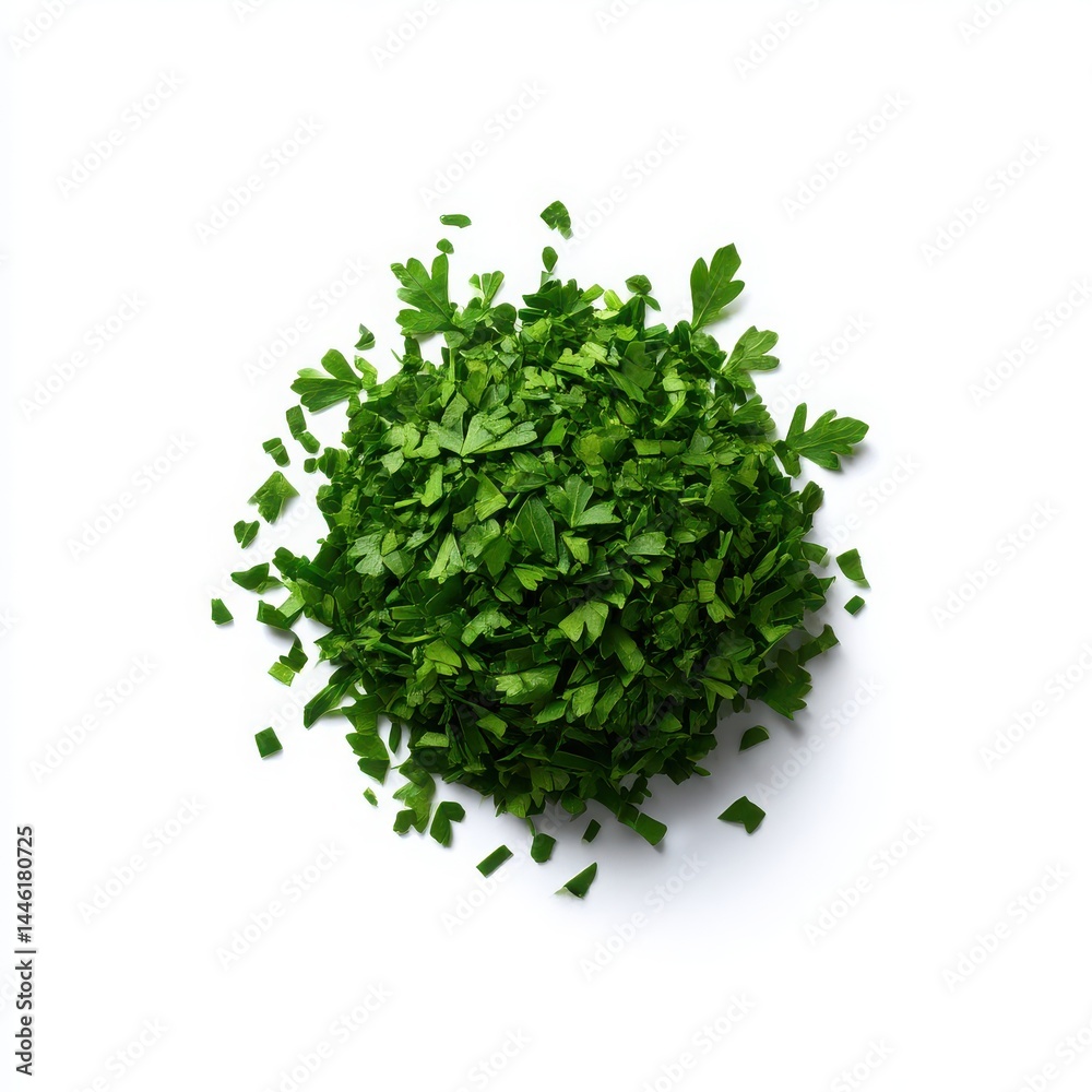 Obraz premium Pile of chopped parsley herb garnish on white background