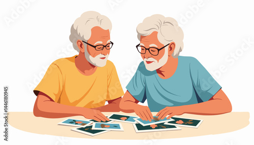 Senior couple reminiscing while viewing photos on a table, cherished memories