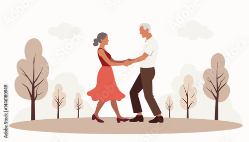 Joyful senior couple dancing in a serene park, celebrating love