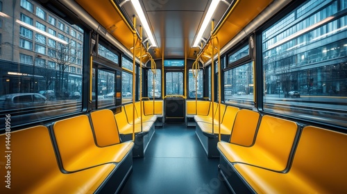 Empty modern streetcar interior yellow seats urban city view