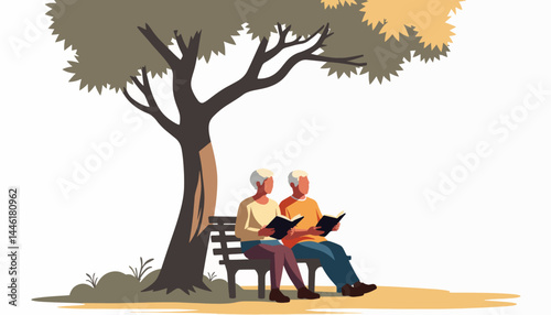 Senior couple reading together under tree, peaceful companionship