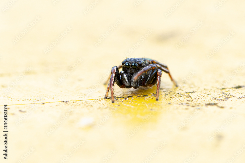 Fototapeta premium Heliophanus flavipes sur poubelle jaune, araignée en gros plan