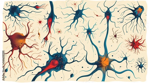 Clean illustration showing different shapes of neurons found in the brain pyramidal Purkinje