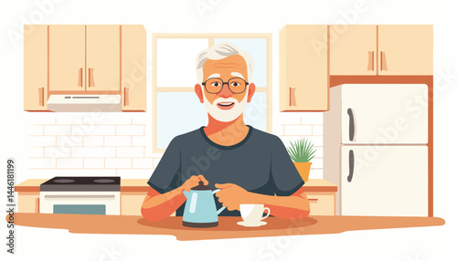 Cheerful senior man brewing tea in modern kitchen, cozy moments