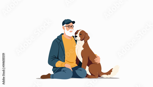 Senior man bonding with family dog in minimalistic illustration, companionship