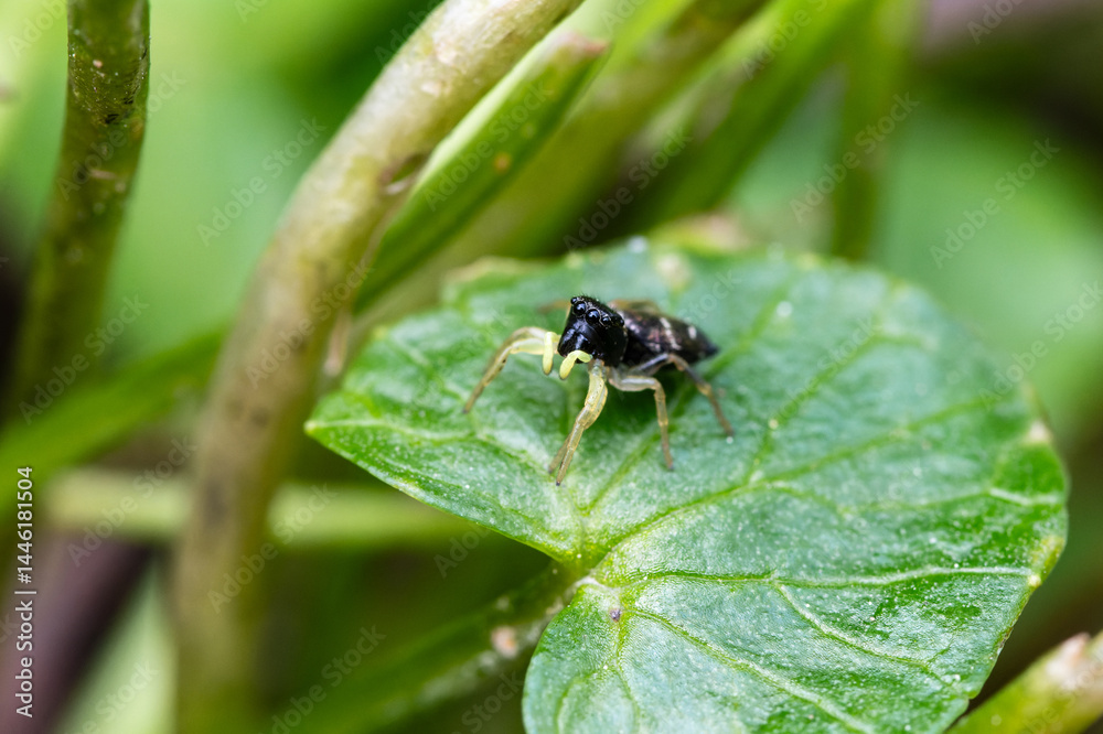 Heliophanus flavipes, araignée sauteuse sur une feuille en sous-sol forestier Heliophanus flavipes, araignée sauteuse sur une feuille en sous-sol forestier