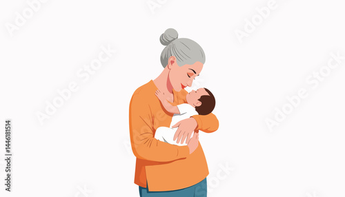Senior woman gently cradling baby in simple illustration, love and care