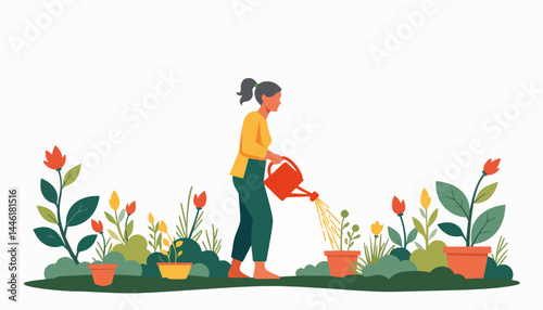 Senior woman watering plants in a garden, nurturing nature