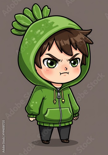 Expressive cartoon character displaying a mood, adorned in creative vegetable-themed apparel and a whimsical portrayal with vibrant coloration