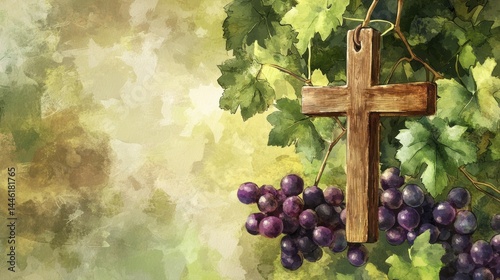 Wooden cross hanging on grape vine with ripe purple grapes and green leaves on textured background