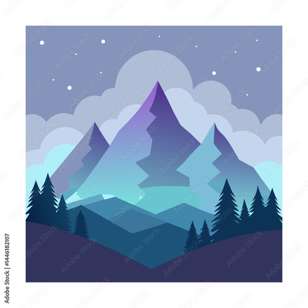Fototapeta premium Winter Minimal Mountain Vector Snowcapped Peaks on White Background