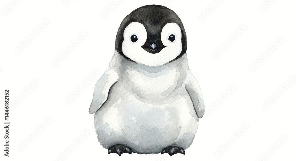 Obraz premium Adorable watercolor painting of a baby penguin with soft, fluffy feathers and big eyes