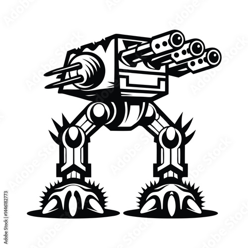 Monochrome War Machine Mechanical Creature with Guns and Spiked Feet